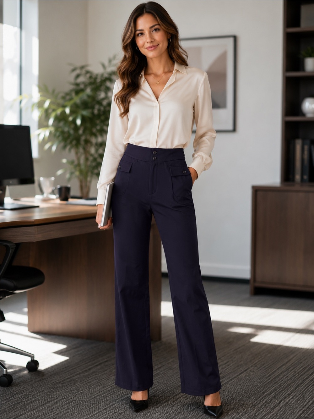 Halara Wide-Leg Navy Pants work pants with Button-Flap Pockets